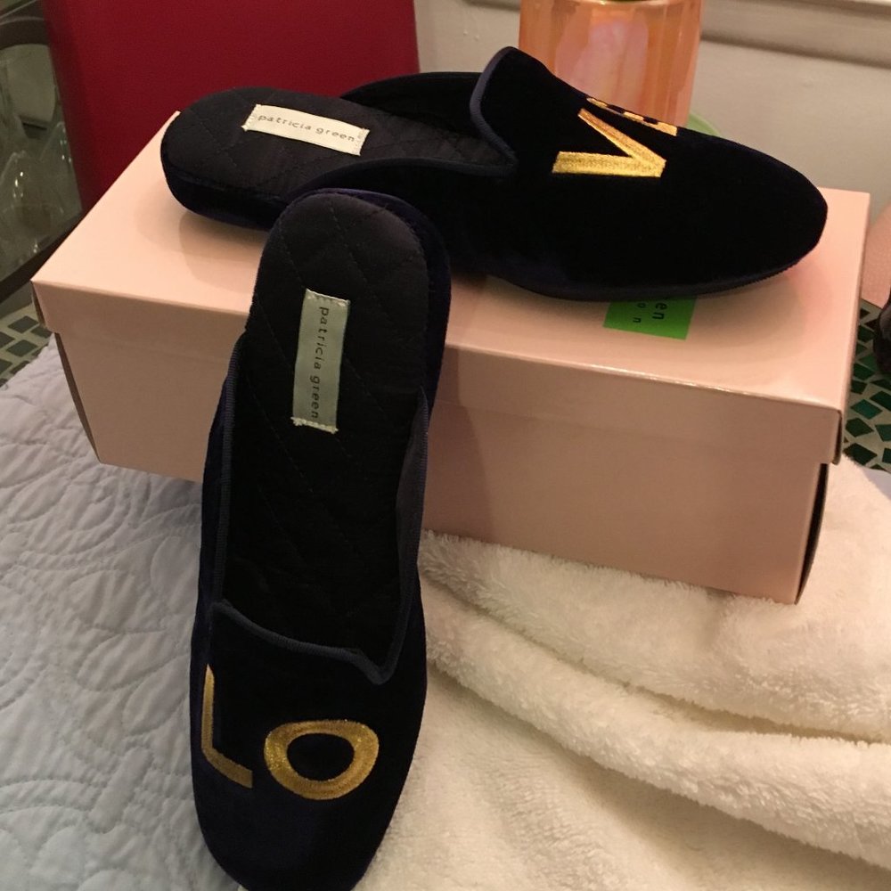 Navy Blue Velvet Slippers with Gold Lettering NWT - Picture 6 of 10